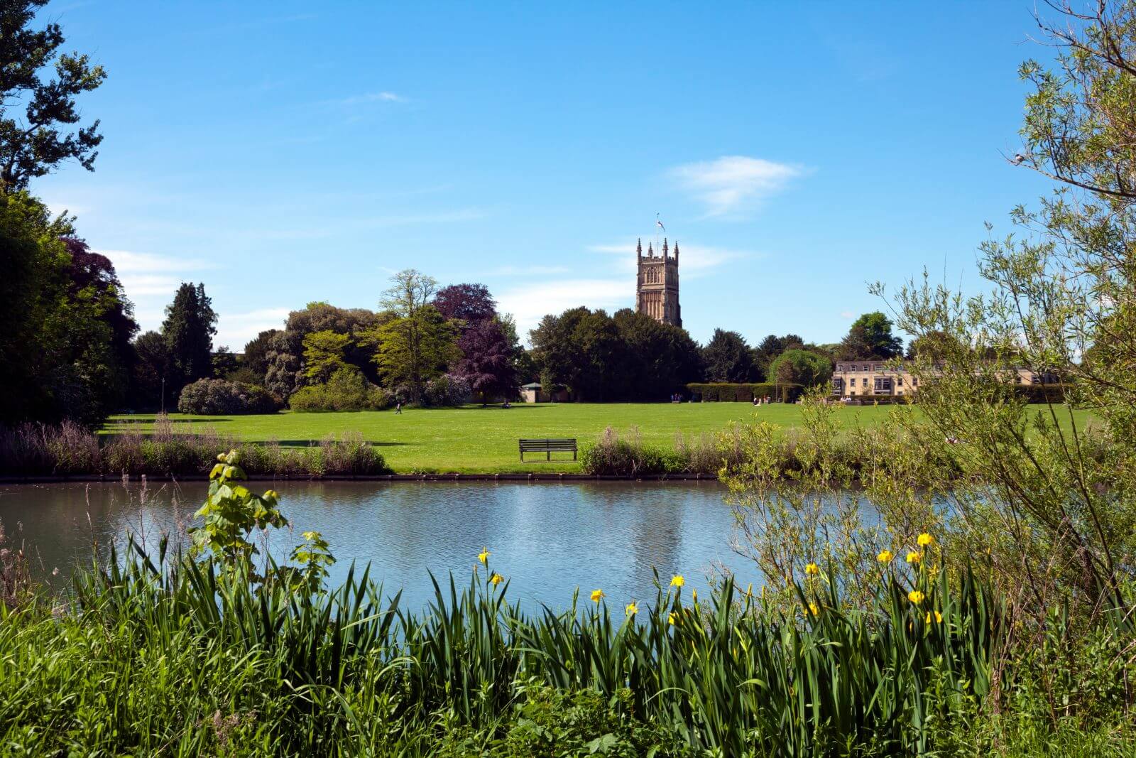 Tower of the landmark Abbey Church seen across Abbey Grounds in