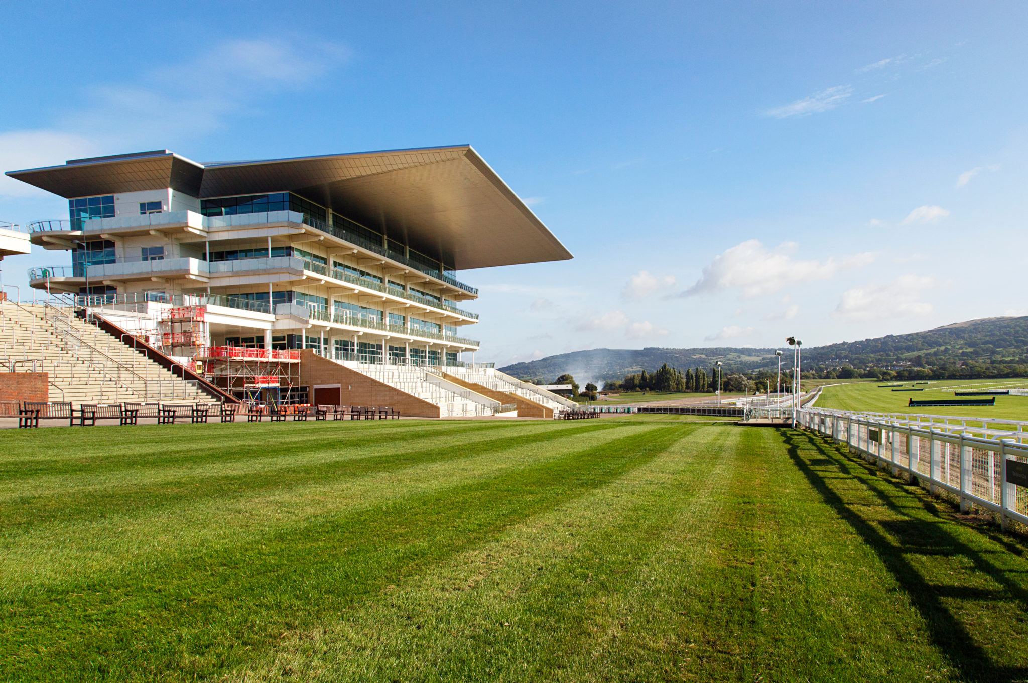 Cheltenham, UK: September 15, 2018: Stands overlooking Cheltenham Racecourse located at Prestbury Park. The first organised Flat race meeting in Cheltenham took place in 1815. Illustrative Editorial