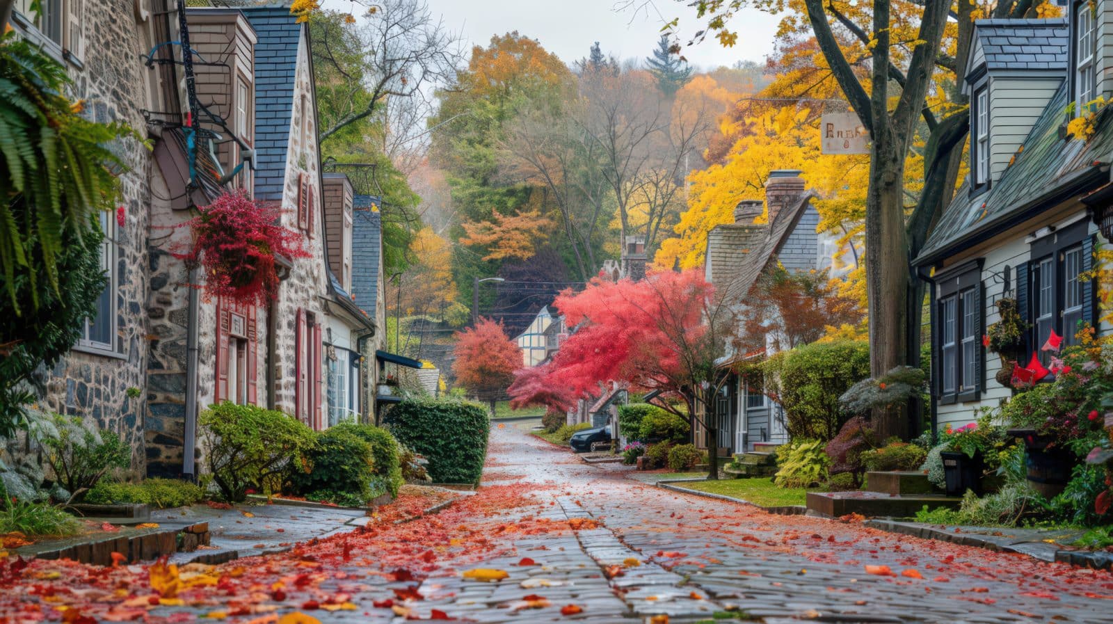 A scenic view of a quaint village street adorned with fall foliage, with colorful leaves scattered across the cobblestone road and trees in full autumn bloom.